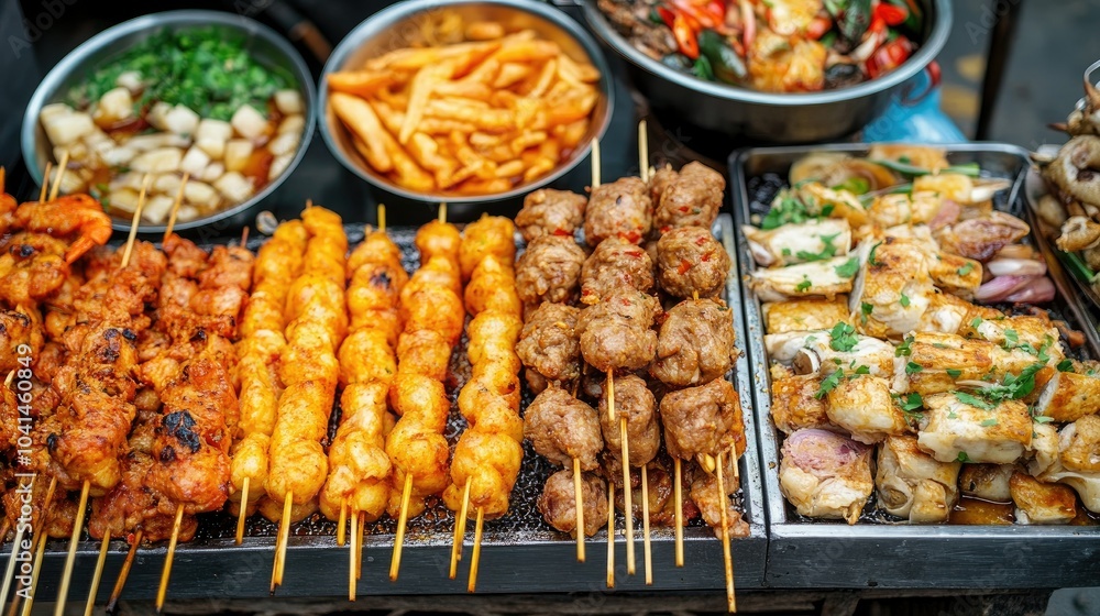 Festival food stall scene with a variety of street food snacks, top view, copy space, no people Festival food stall scene with a variety of street food snacks, top view, copy space, no people