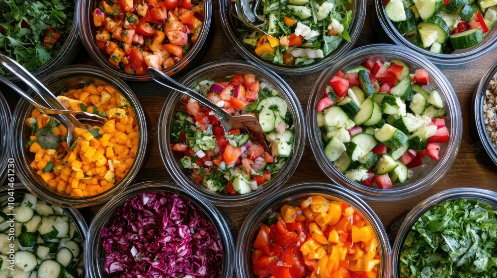 Fresh festival salads with a variety of vibrant ingredients, top view, copy space, no people Fresh festival salads with a variety of vibrant ingredients, top view, copy space, no people