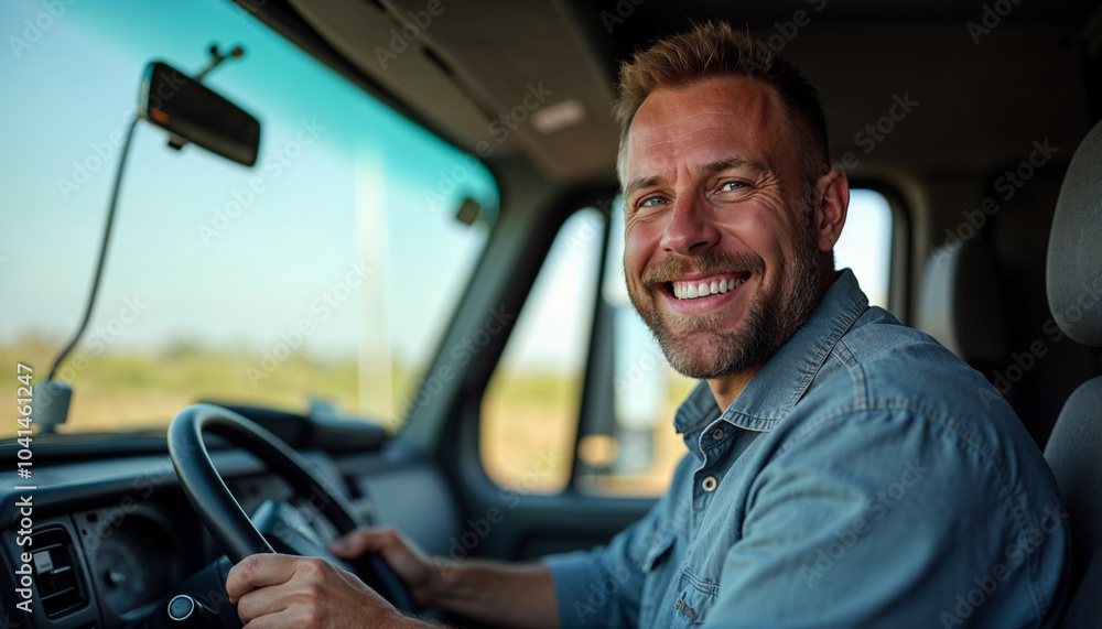 Happy professional truck driver driving his truck and looking at camera, truck man, young driver with truck, Happy professional truck driver driving his truck and looking at camera, truck man, young driver with truck,
