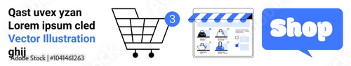 Shopping cart with three items, digital storefront interface, and a bubble with the word Shop. Ideal for e-commerce, online shopping, digital marketplaces, retail, and internet business. Landing page
