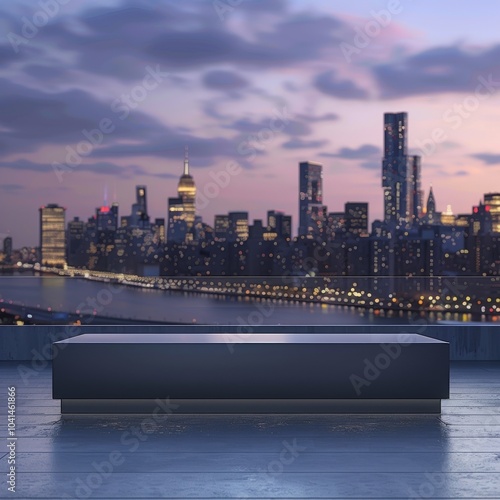 A podium with a sleek, modern design set against a city skyline at dusk