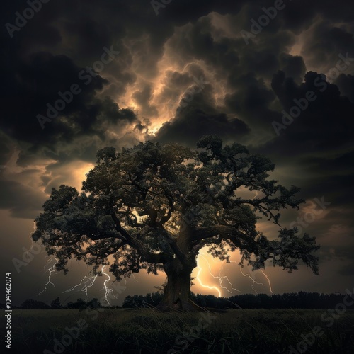A powerful oak tree standing tall in the middle of a storm