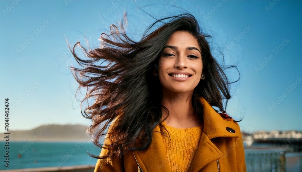 A smiling lady with wind-blown hair, enjoying the moment. A smiling lady with wind-blown hair, enjoying the moment.