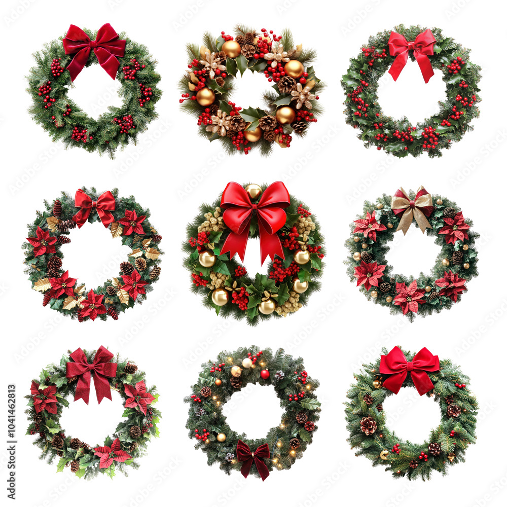 PNG Christmas wreath design element set, transparent background PNG Christmas wreath design element set, transparent background