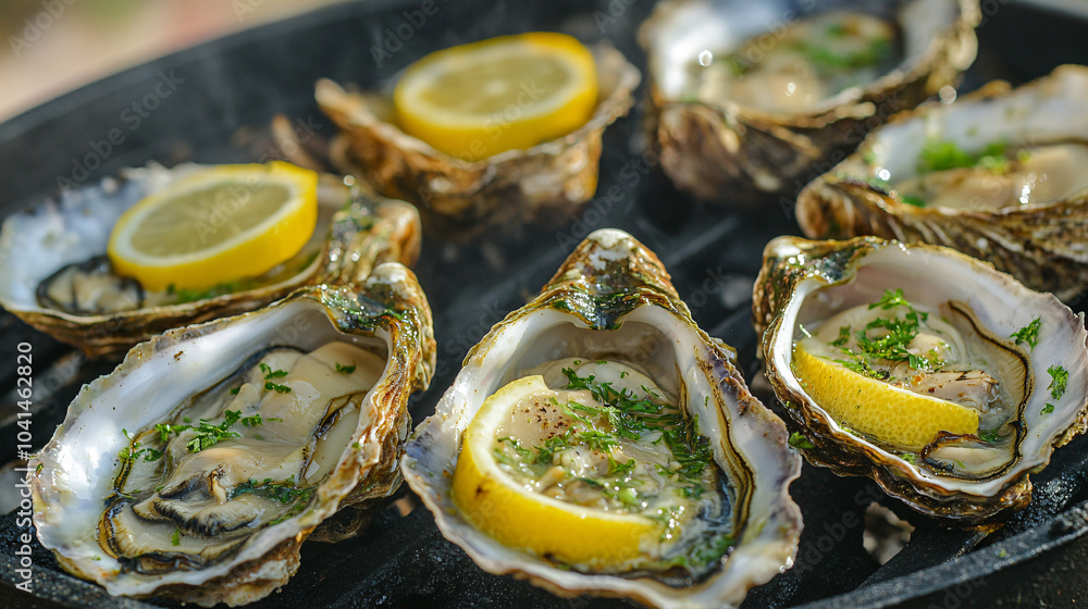 Plate with fresh live raw oysters seashells with citron, bread, butter and served on ice at restaurant in oyster-farming village. Plate with fresh live raw oysters seashells with citron, bread, butter and served on ice at restaurant in oyster-farming village.
