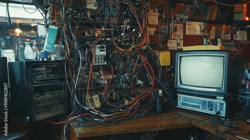 A cluttered workspace filled with tangled wires, vintage technology, and retro equipment.