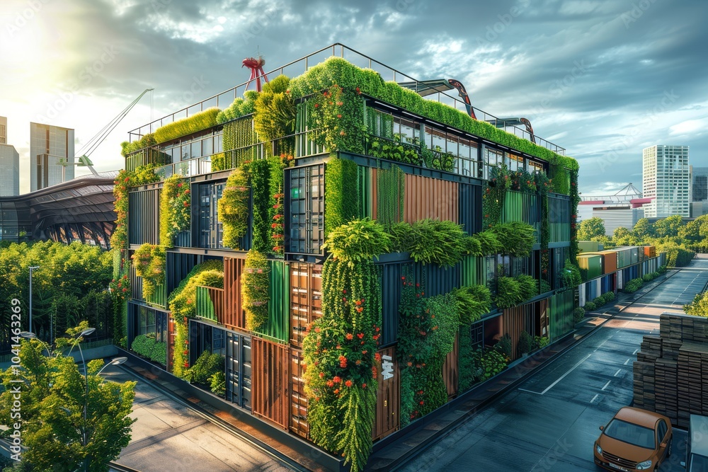Fototapeta premium Sustainable shipping facility with green walls on containers, renewable energy sources, and eco-friendly packaging materials for environmentally conscious shipping 