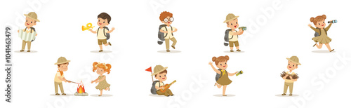 Boy and Girl Scout Character in Uniform Explore and Discover Vector Set