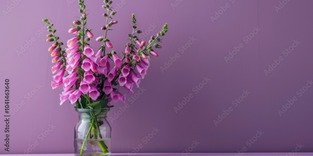 Fototapeta premium Tall pink foxgloves in a simple glass bottle, against a solid lavender background