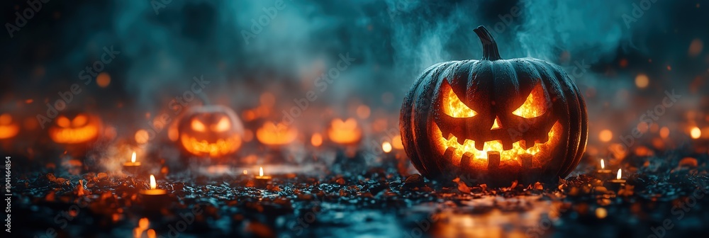 Creepy grinning jack o lantern pumpkin with burning candle inside. Flaming face scatters fire and sparks against gloomy background. Frightening Halloween symbol. Template with copy space for banner Creepy grinning jack o lantern pumpkin with burning candle inside. Flaming face scatters fire and sparks against gloomy background. Frightening Halloween symbol. Template with copy space for banner