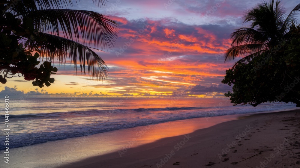 Fototapeta premium Tropical sunset over the beach with palm trees silhouetted against the colorful sky