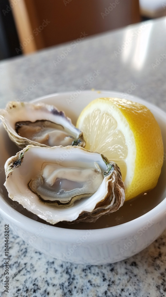 Plate with fresh live raw oysters seashells with citron, bread, butter and served on ice at restaurant in oyster-farming village. Plate with fresh live raw oysters seashells with citron, bread, butter and served on ice at restaurant in oyster-farming village.