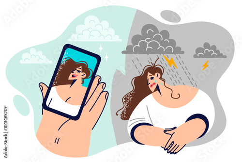 Influence of social networks on psyche woman who gets upset after seeing cheerful friends on phone