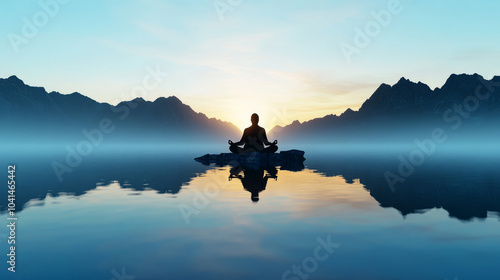 serene silhouette of person meditating on rock, surrounded by tranquil water and majestic mountains at sunrise, evokes sense of peace and mindfulness