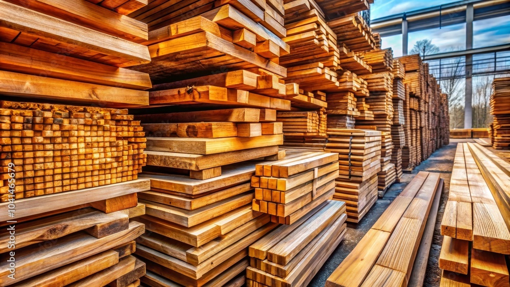 High-Quality Wooden Planks in a Lumberyard - Neatly Stacked Wood for Construction, Timber, and Carpentry Projects - Rustic Natural Textures and Warm Tones for Home Decor and Design Inspiration High-Quality Wooden Planks in a Lumberyard - Neatly Stacked Wood for Construction, Timber, and Carpentry Projects - Rustic Natural Textures and Warm Tones for Home Decor and Design Inspiration