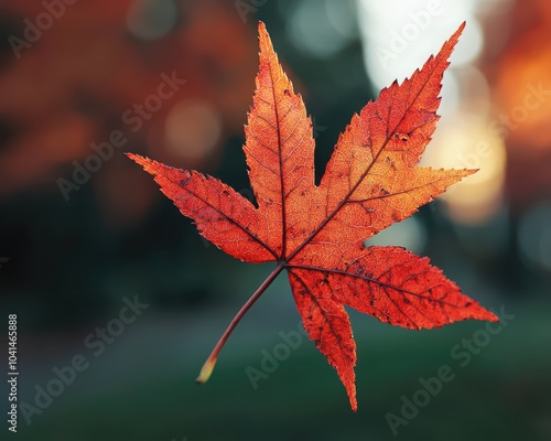 Vibrant red autumn leaf on white background photo