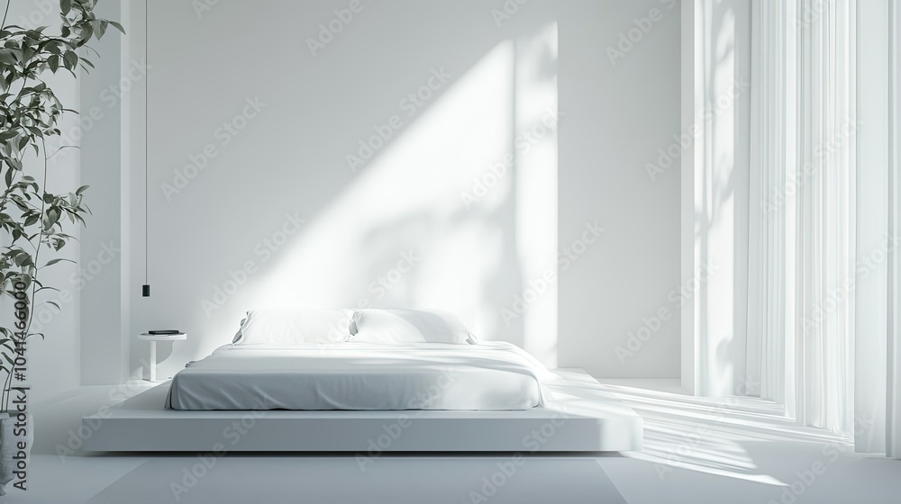Fototapeta premium Minimalist bedroom with clean lines and modern furniture, no people, space for copy text