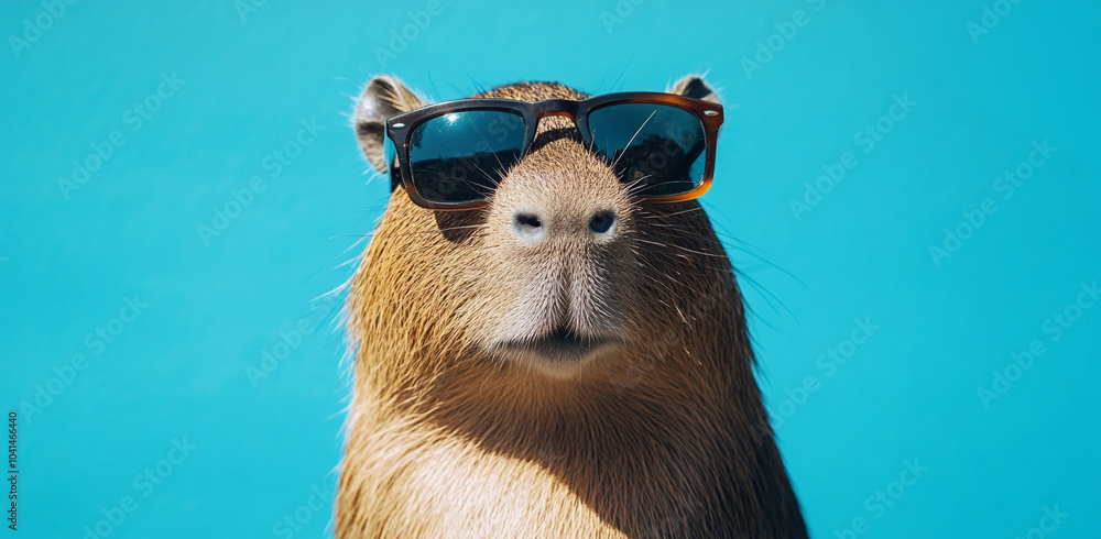 Capibara con gafas de sol sobre un fondo azul. Concepto creativo de retrato animal, fotografía detallada, fotografía de alta resolución, gradación de color profesional, sombras suaves, bajo contraste,