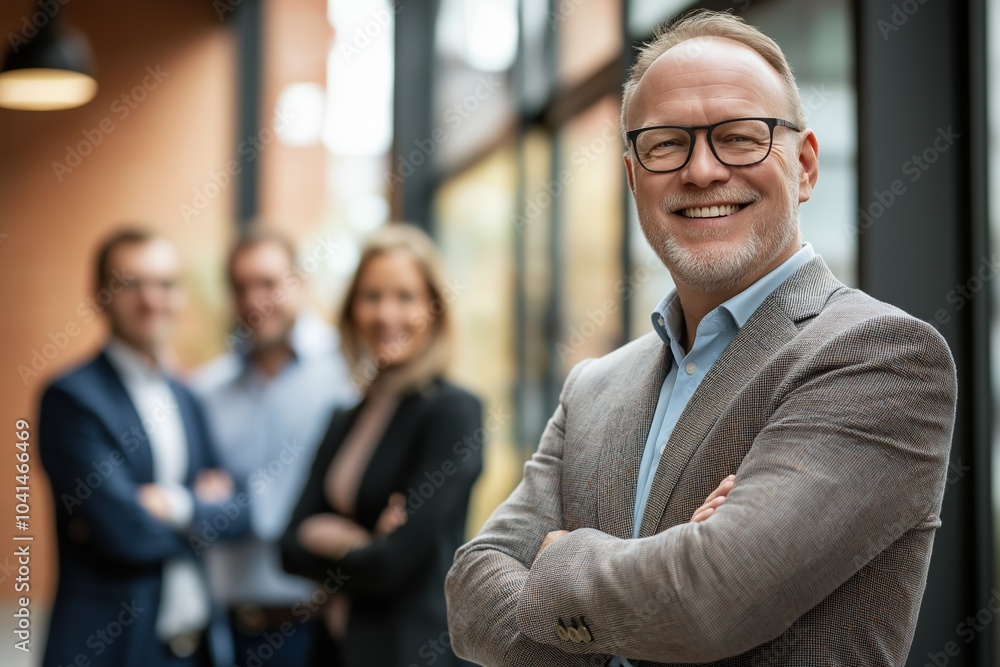 A man with glasses and a gray jacket is smiling for the camera. He is surrounded by three other people, all of whom are dressed in business attire. Concept of professionalism and confidence A man with glasses and a gray jacket is smiling for the camera. He is surrounded by three other people, all of whom are dressed in business attire. Concept of professionalism and confidence