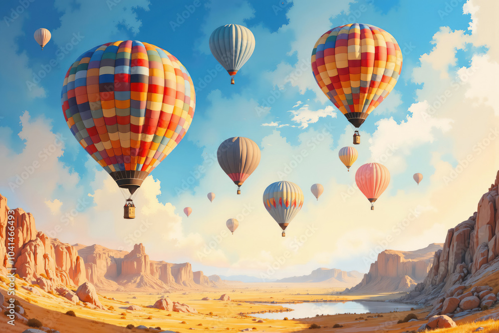 Obraz premium Hot air balloons flying over monument valley at sunset