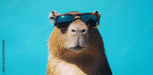 Obraz na płótnie Capibara con gafas de sol sobre un fondo azul. Concepto creativo de retrato animal, fotografía detallada, fotografía de alta resolución, gradación de color profesional, sombras suaves, bajo contraste, w salonie