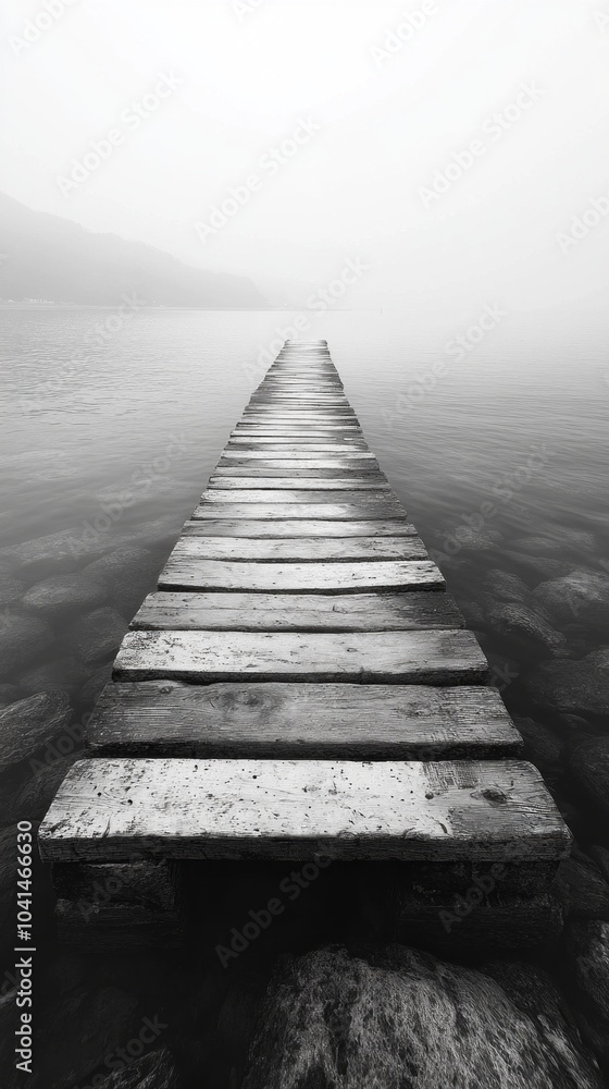A bridge over a body of water with a foggy sky in the background A bridge over a body of water with a foggy sky in the background