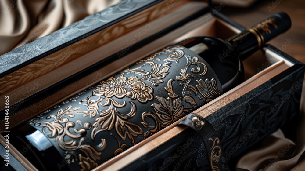 Upscale wine packaging in beautifully embossed boxes, with silk lining and magnetic closures, creating an air of luxury for special occasions Upscale wine packaging in beautifully embossed boxes, with silk lining and magnetic closures, creating an air of luxury for special occasions