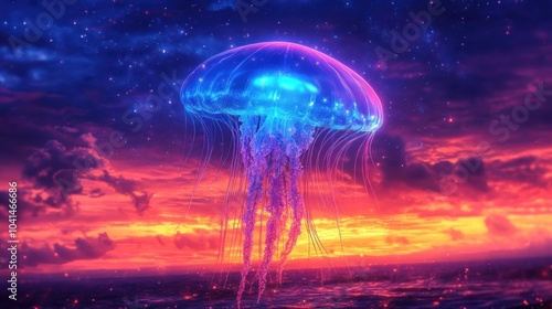 glowing jellyfish floats gracefully in vibrant sunset ocean scene