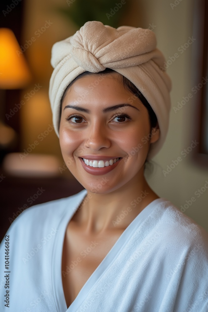A woman is smiling and wearing a towel wrapped around her head. The towel is white and has a pattern on it A woman is smiling and wearing a towel wrapped around her head. The towel is white and has a pattern on it