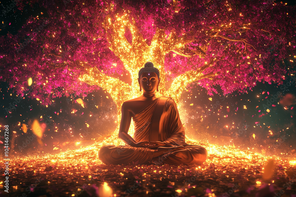 Buddha in meditation, surrounded by glowing aura and radiant energy, sitting on the lotus flower throne under an ethereal tree with vibrant leaves. Buddha in meditation, surrounded by glowing aura and radiant energy, sitting on the lotus flower throne under an ethereal tree with vibrant leaves.