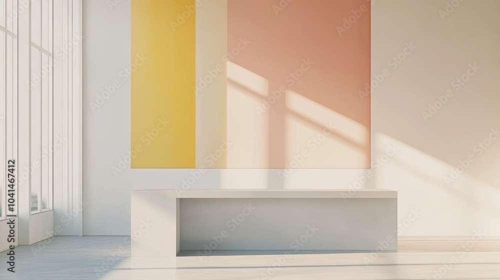 Fototapeta premium Minimalist office interior with clean desk and abstract wall art, no people, space for copy text