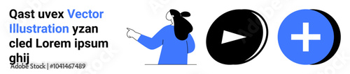 Female character pointing, a black play button, and a blue add button. Ideal for user interface, digital media, web design, e-learning, and multimedia applications. Landing page