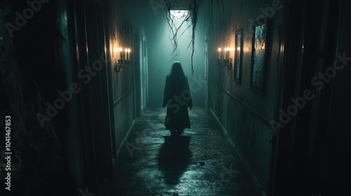 Scary ghost with a haunting visage and spectral glow, appearing in the reflection of a foggy, cracked mirror in a shadowy, old hallway.