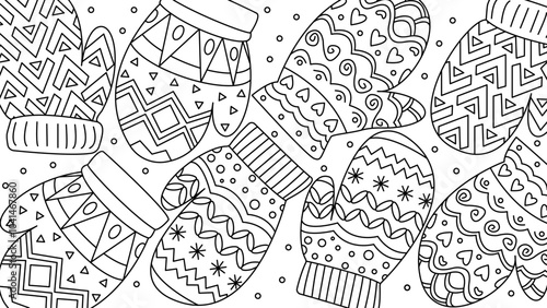 Outline mittens background illustration. Patterned black and white mittens drawing. Christmas and winter fun illustrations. Editable stroke. Kids fun.