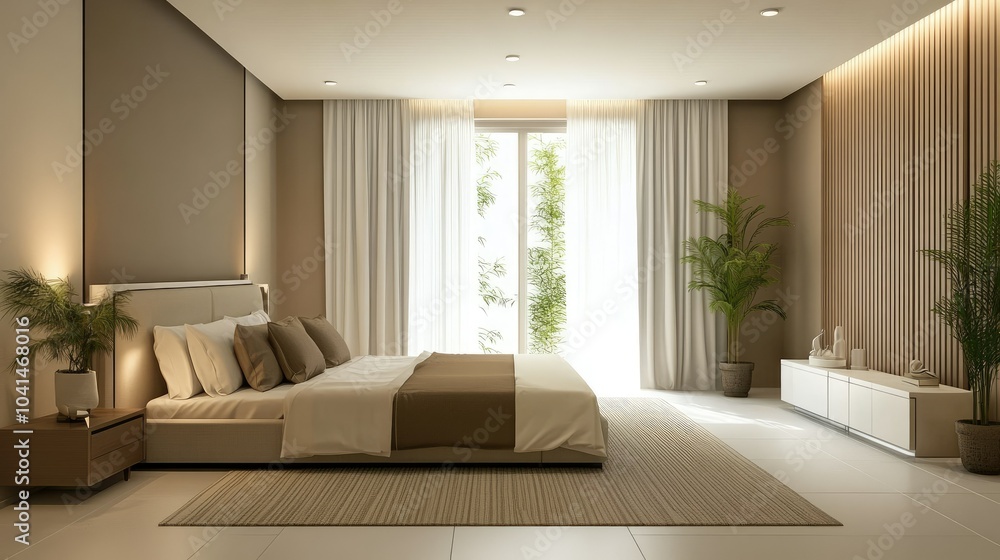 Modern bedroom with clean lines and neutral colors, no people, ample space for text Modern bedroom with clean lines and neutral colors, no people, ample space for text