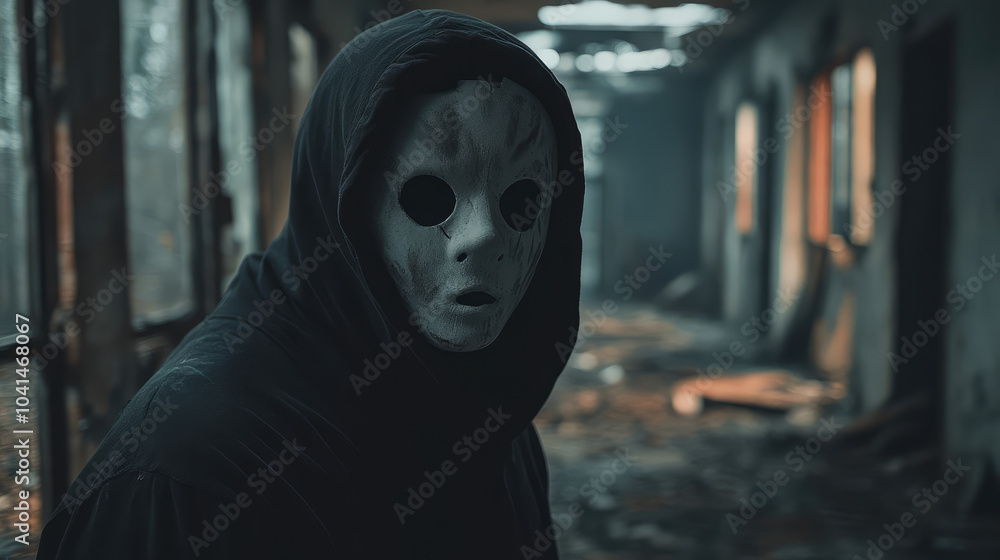 Scary ghost mask with a haunting appearance and hollow eyes, appearing in a dark, abandoned asylum with shattered windows and a spooky atmosphere. Scary ghost mask with a haunting appearance and hollow eyes, appearing in a dark, abandoned asylum with shattered windows and a spooky atmosphere.