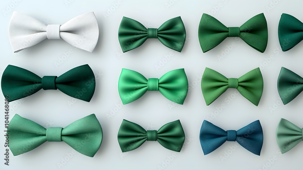 Elegant display of green and white bow ties in various shades and styles Elegant display of green and white bow ties in various shades and styles