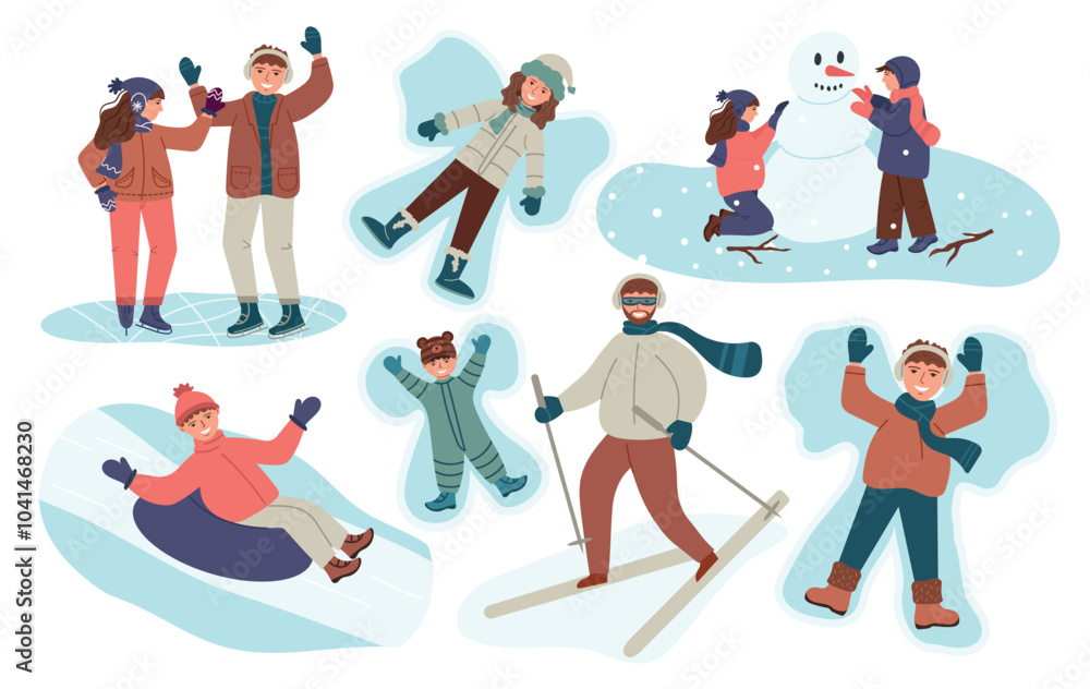 Fototapeta premium Winter season seamless pattern, people skiing, snowboarding, ice skating, making snow angel digital paper, winter activities scrapbook paper, snovy forest background, vector illustration clipart.