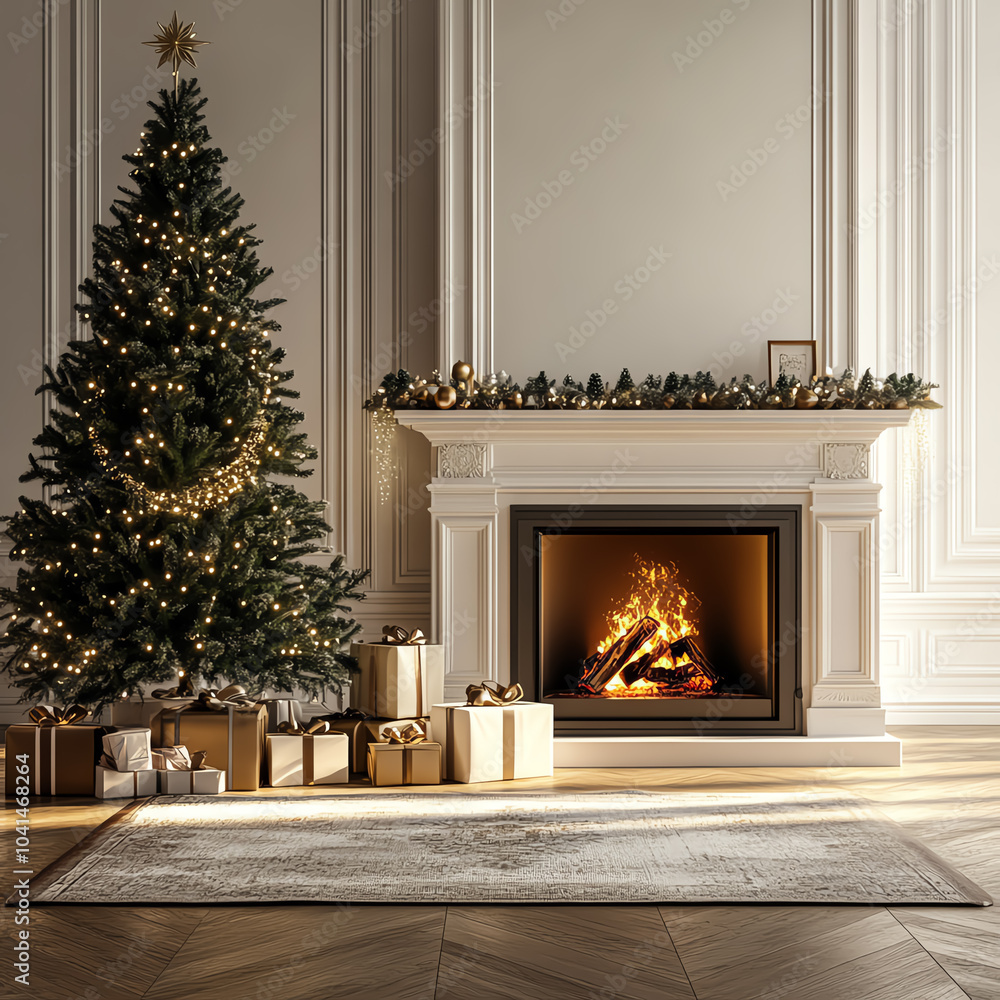 Festive living room with a roaring fireplace and gifts under the tree, 3D illustration Festive living room with a roaring fireplace and gifts under the tree, 3D illustration