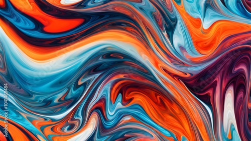 Immersive Abstract Fluid Art Featuring a Beautifully Chaotic Mix of Swirling Colors, Blending Fiery Reds, Cool Blues, and Bright Oranges into a Stunn (100)