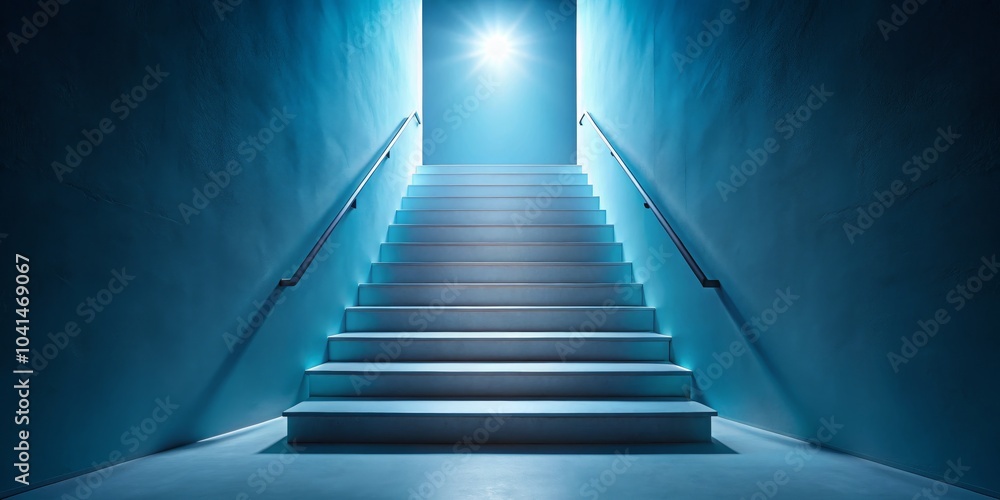 Minimalist Staircase Silhouette in Soft Blue Tones Leading to Bright White Light - Tranquil and Serene Atmosphere for Modern Interior Design or Spiritual Themes Minimalist Staircase Silhouette in Soft Blue Tones Leading to Bright White Light - Tranquil and Serene Atmosphere for Modern Interior Design or Spiritual Themes
