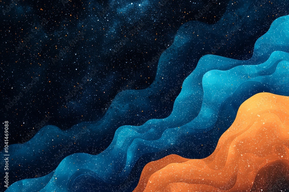Fototapeta premium A minimalistic background with blue and orange wavy shapes, a starry sky, a grainy texture.