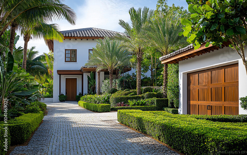 Luxurious home, small driveway with paver hedges and palm trees, front view of the house, white walls and wood-framed windows