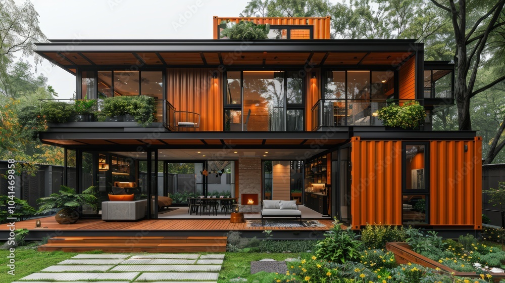 A modern residence with bold orange elements stands amidst vibrant plant life, offering a cozy outdoor space for relaxation and gatherings A modern residence with bold orange elements stands amidst vibrant plant life, offering a cozy outdoor space for relaxation and gatherings