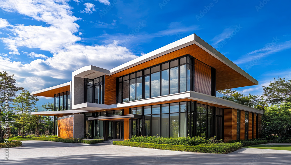A modern house with an exterior wall made of wood and concrete, featuring two stories and large windows overlooking the street A modern house with an exterior wall made of wood and concrete, featuring two stories and large windows overlooking the street