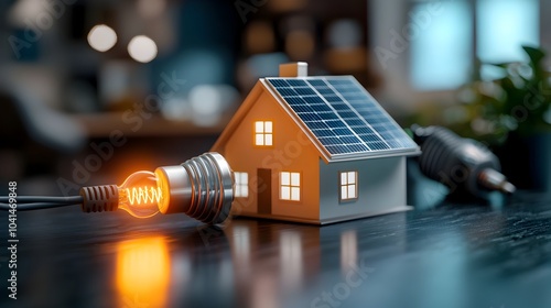 Neon Illuminated House with Solar Panels Generating Renewable Electricity Featuring a Glowing Plug on a Dark Background to Symbolize the Concept of Sustainable Energy Production photo