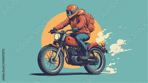 Flat illustration of a motorcyclist on a motorcycle on a blue background. Biker.