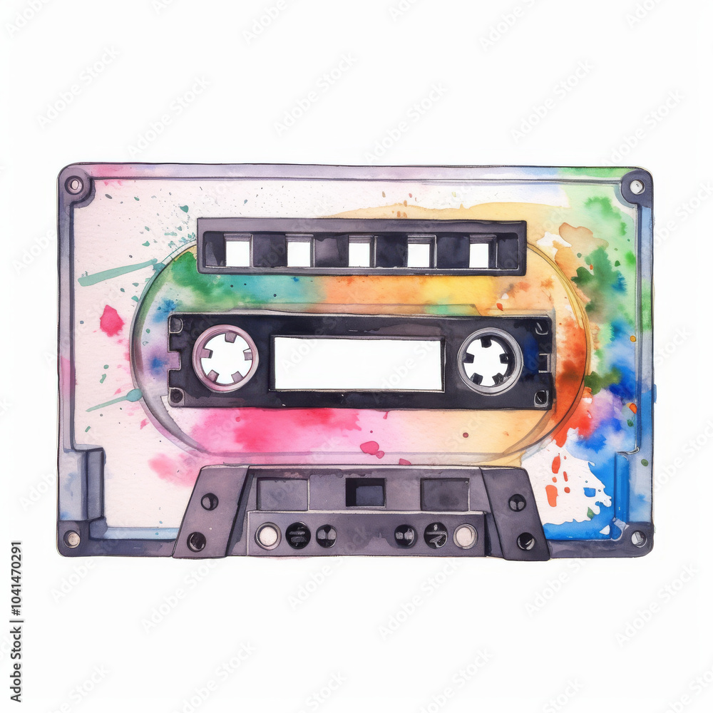 Naklejka premium Colorful Watercolor Cassette Tape Illustration - Retro Music Art in Splashing Colors