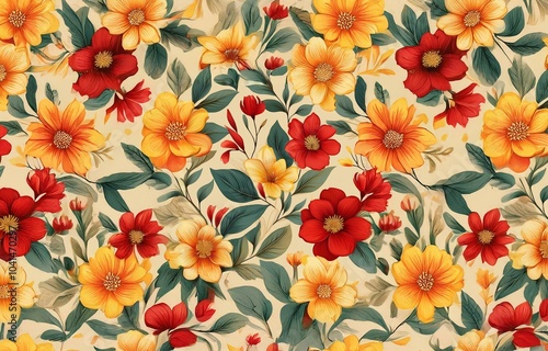 Wallpaper Mural A seamless pattern with large yellow flowers and smaller red flowers on a cream background. Torontodigital.ca