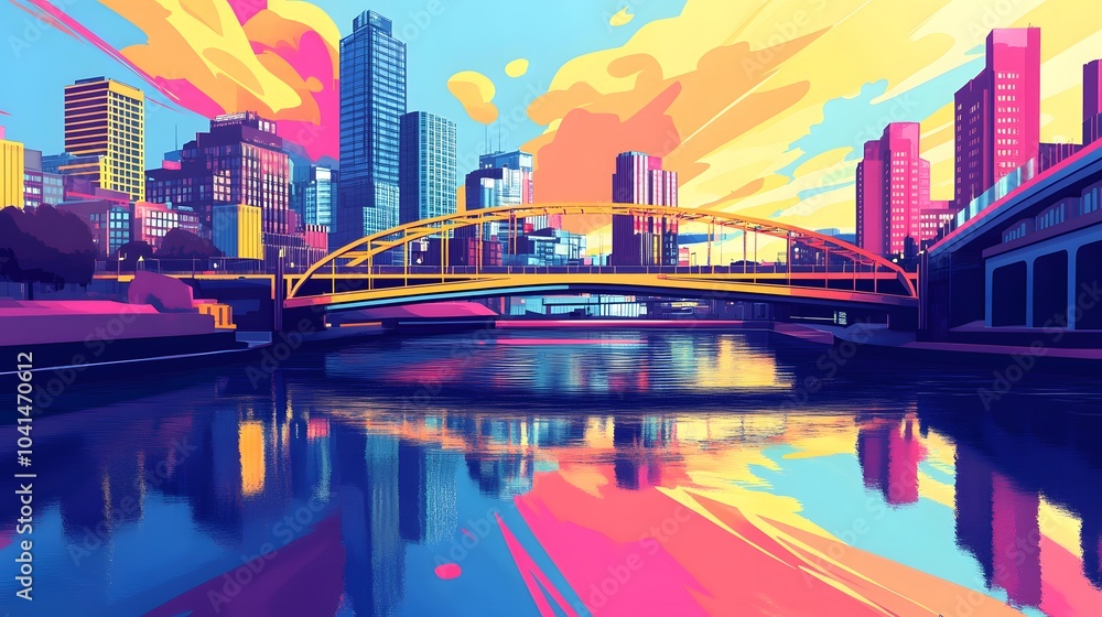 Obraz premium A vibrant, colorful city skyline featuring modern buildings, a bridge, and reflections on a calm river, with a dynamic sunset sky..